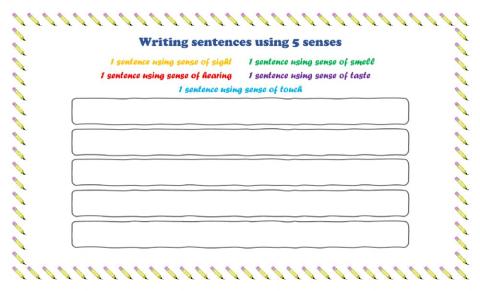 Writing sentences using 5 senses