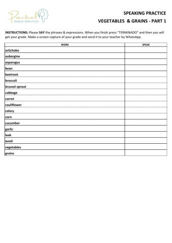 Speaking practice - vegetables & grains - part 1