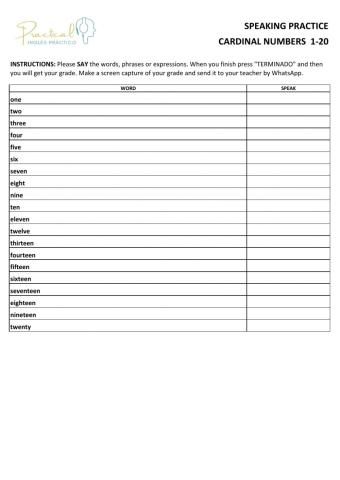 Speaking practice - cardinal numbers 1-20