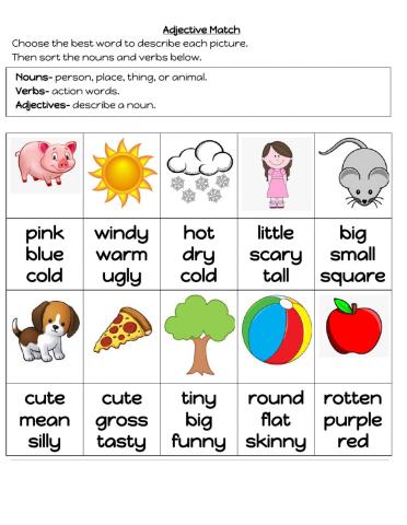 Adjectives, Nouns and Verbs review