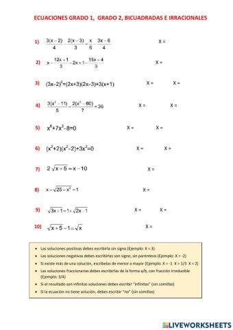 Ecuaciones primer grado, segundo grado, bicuadradas e irracionales