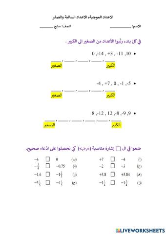 الاعداد الموجبة, السالبة والصفر 