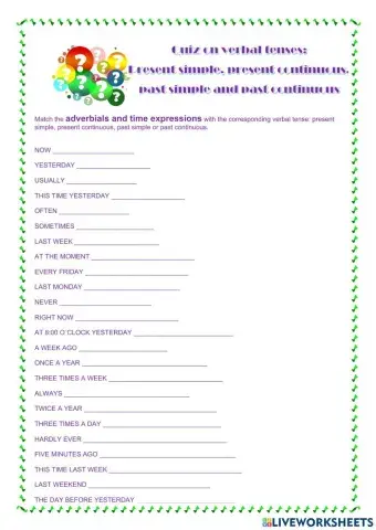 Verbal tenses review. Present simple present continuous, past simple and past continuous. Adverbials and time expressions