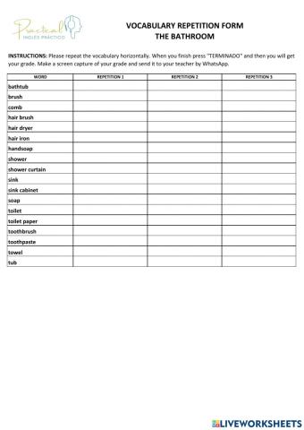 Vocabulary repetition form - the bathroom