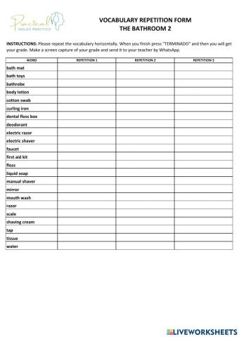 Vocabulary repetition form - the bathroom 2