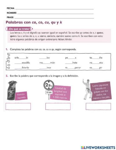 Palabras con ca, co, cu, qu y k