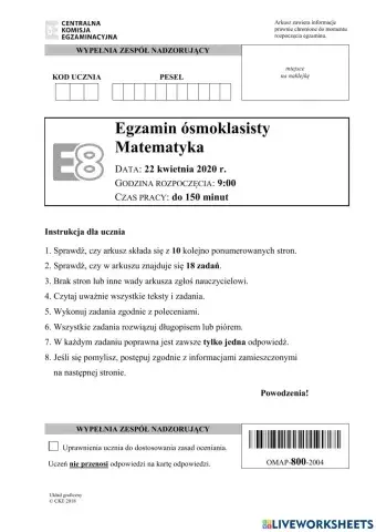 Egzamin ósmoklasisty 2020 - matematyka pytania zamknięte