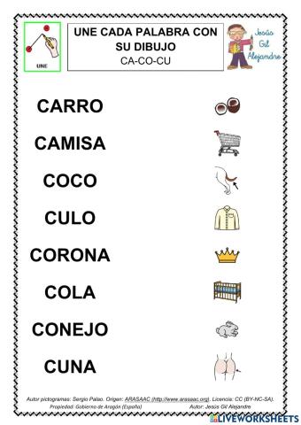 Une palabra y dibujo ca co cu mayúsculas