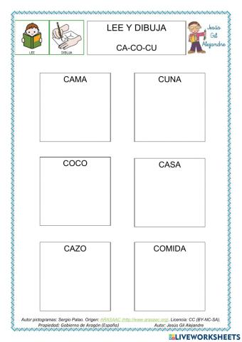 Lee y dibuja palabras con ca co cu mayúsculas