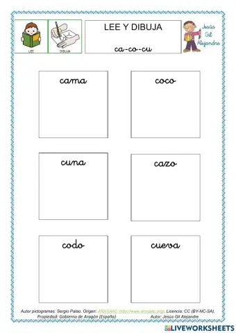 Lee y dibuja palabras con ca co cu minúsculas