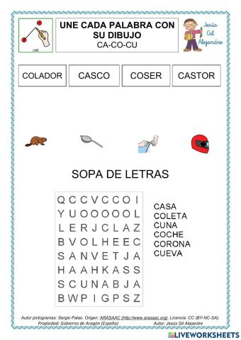 Une palabra y dibujo y sopa de letrasl. ca co cu