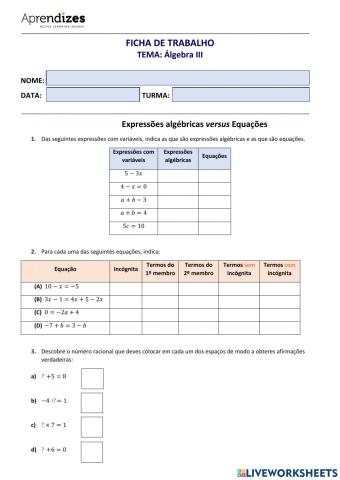 Expressões algébricas vs equações