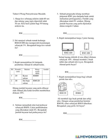 Matematik Tahun 6 : Masalah Wang
