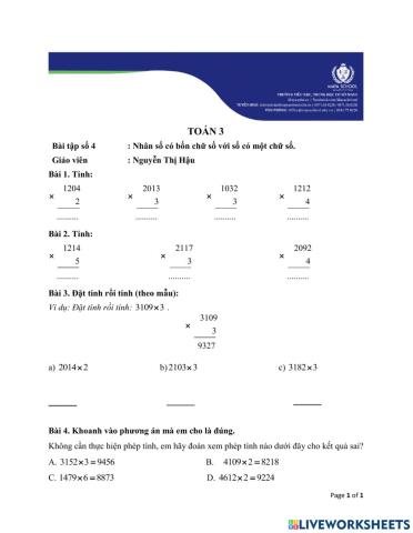Toán 3 - 2021.02.24 - Nhân số có bốn chữ số với số có một chữ số