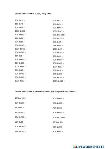 Cálculo Mental porcentajes