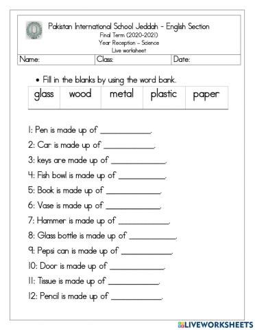 Science live worksheet materials