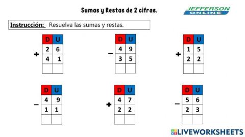 Repaso Sumas y restas 2 cifras sin llevar