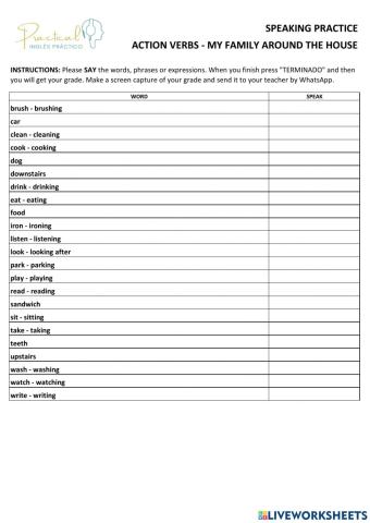 Speaking practice - action verbs & other words