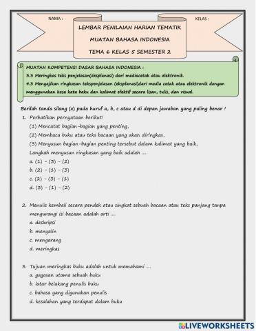 Penilaian Harian Tematik muatan Bahasa Indonesia Tema 6 Kelas 5
