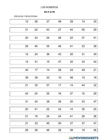 Los números del 0 al 50