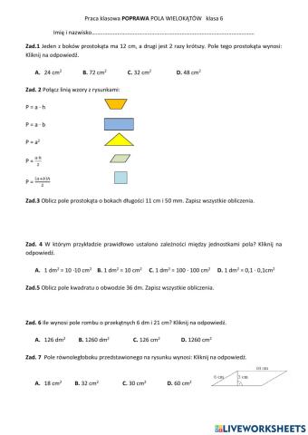 Poprawa Sprawdzian Pola wielokątów