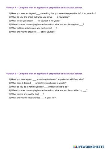 Dependent prepositions -- Communicative worksheet