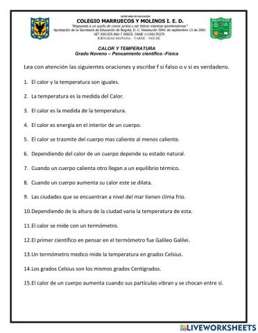 Calor y Temperatura (Verdadero o Falso)