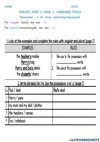 Year 5, starter unit, lang focus, pg 7
