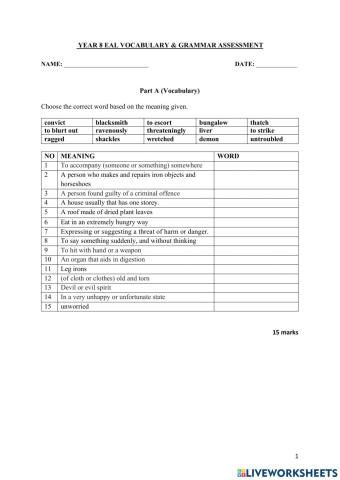 Year 8 EAL Vocabulary & GrammarAssessment