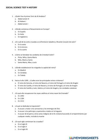 5º SOCIAL SCIENCE TEST 3 HISTORIA