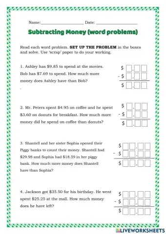 Subtracting Money (word problems)
