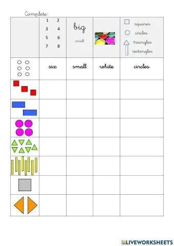 Numbers,size, colour and shapes