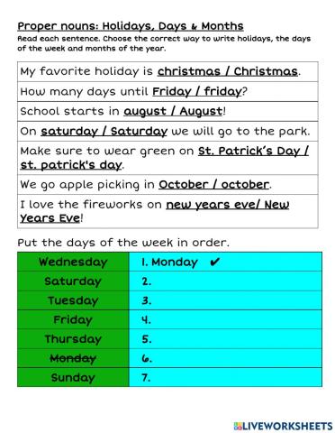 Proper Nouns- Holidays, Days of the Week and Months of the Year