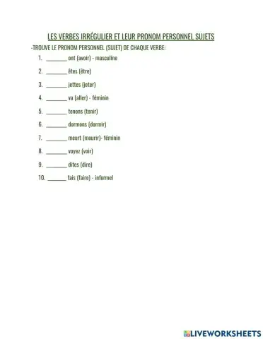 Les verbes irréguliers et leur pronom personnel sujets