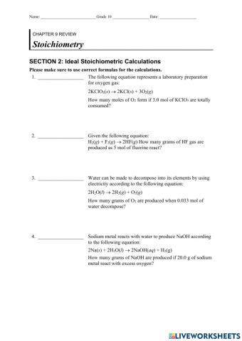 Ideal stoichiometric calculations