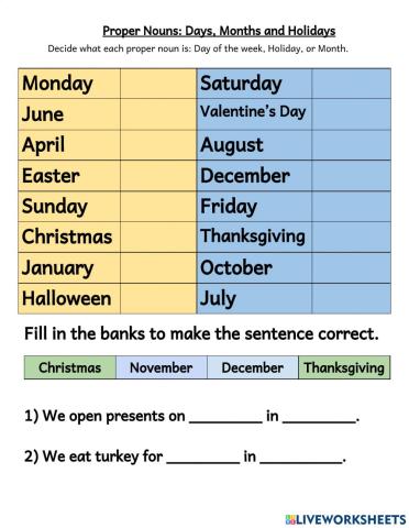 Proper Nouns- Holidays, Days and Months