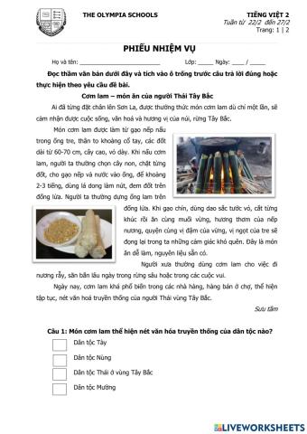 Phiếu nhiệm vụ đọc hiểu - Tuần 25