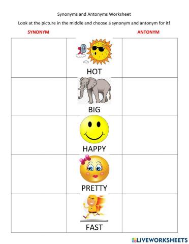 Synonyms and Antonyms Worksheet