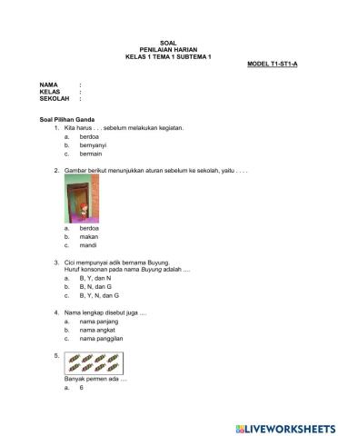 Soal penilaian harian Kelas 1