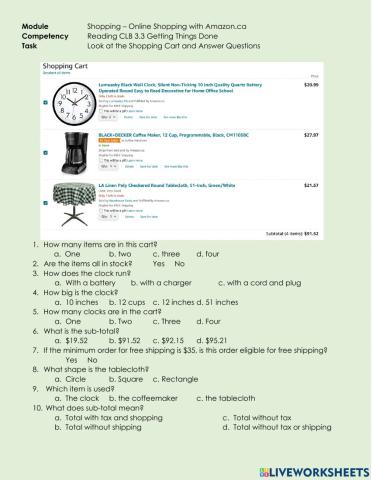 Reading CLB 3.3 GTD - Understand an Amazon Shopping Cart