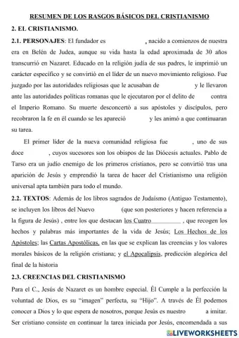 RESUMEN DE LOS RASGOS BÁSICOS DEL CRISTIANISMO