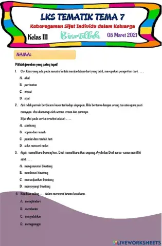 LKS tematik Tema 7-Keberagaman Sifat dalam Keluarga