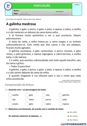 ficha de português - a galinha medrosa 