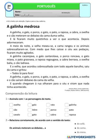 ficha de português - a galinha medrosa 