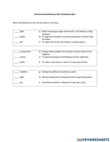 American Revolutionary War Vocabulary Quiz
