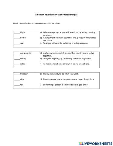 American Revolutionary War Vocabulary Quiz