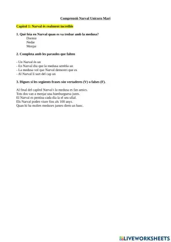 Comprensió lectora Narval unicorni marí Capítol 1