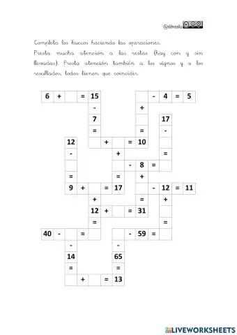 Crucigrama de sumas y restas