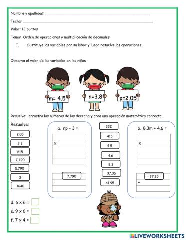 Multiplicación de decimales por decimales y sustitución de variables