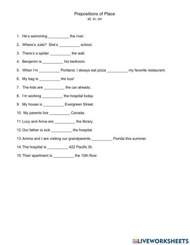 Prepositions of Place (at, in, on)